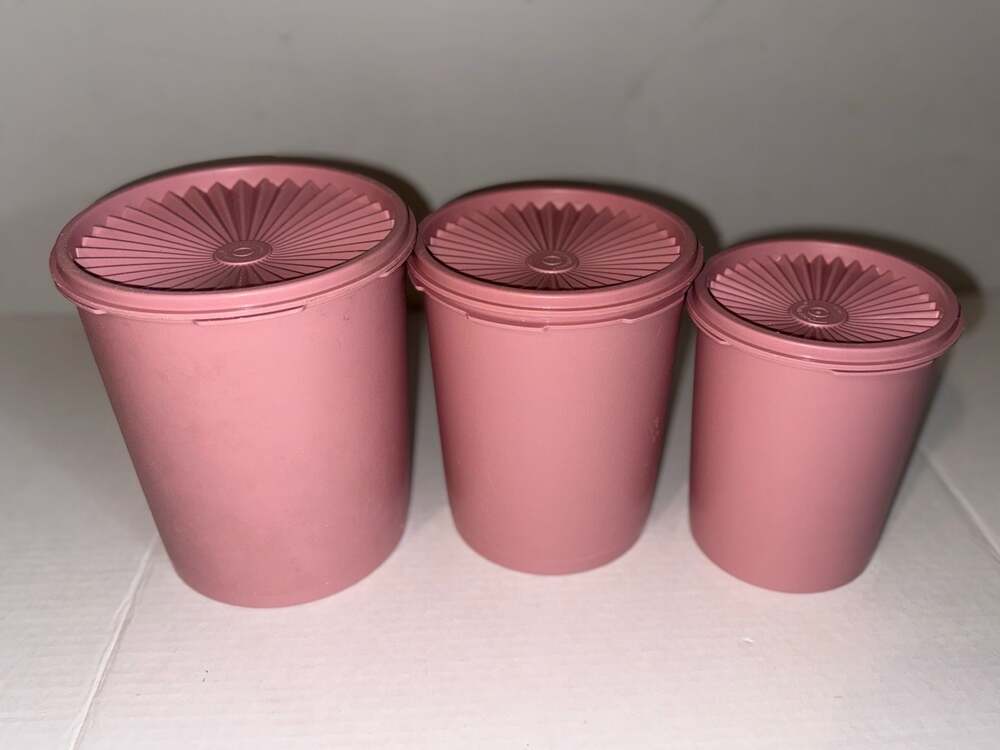 Vintage Tupperware Servalier Canister 3 Dusty Rose Pink w/Starburst Lids